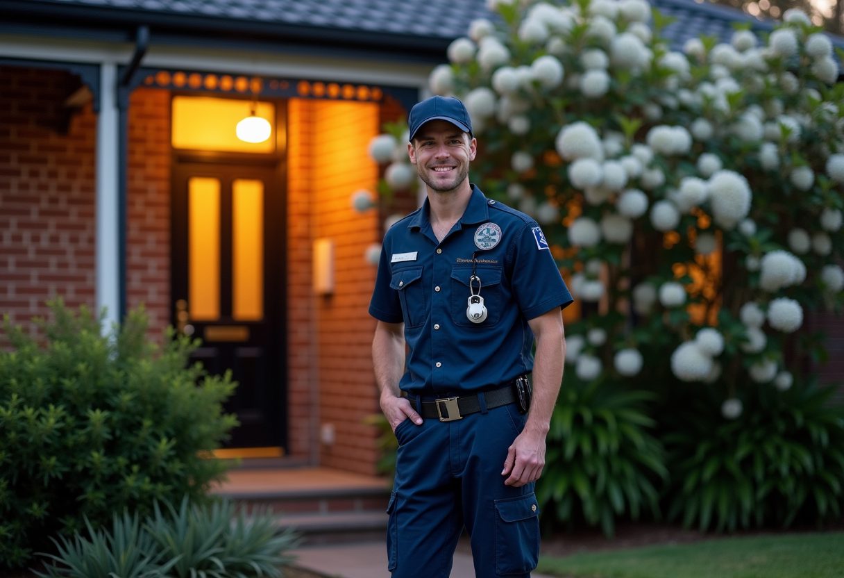 Locksmith opening a Federation home's front door at dusk — Lindfield